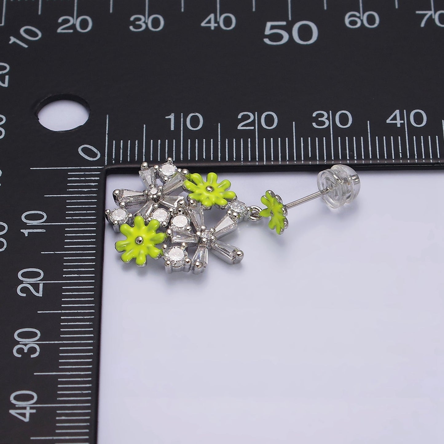 16K Gold Filled Pink, White Enamel Flower Baguette Drop Stud Earrings in Sliver