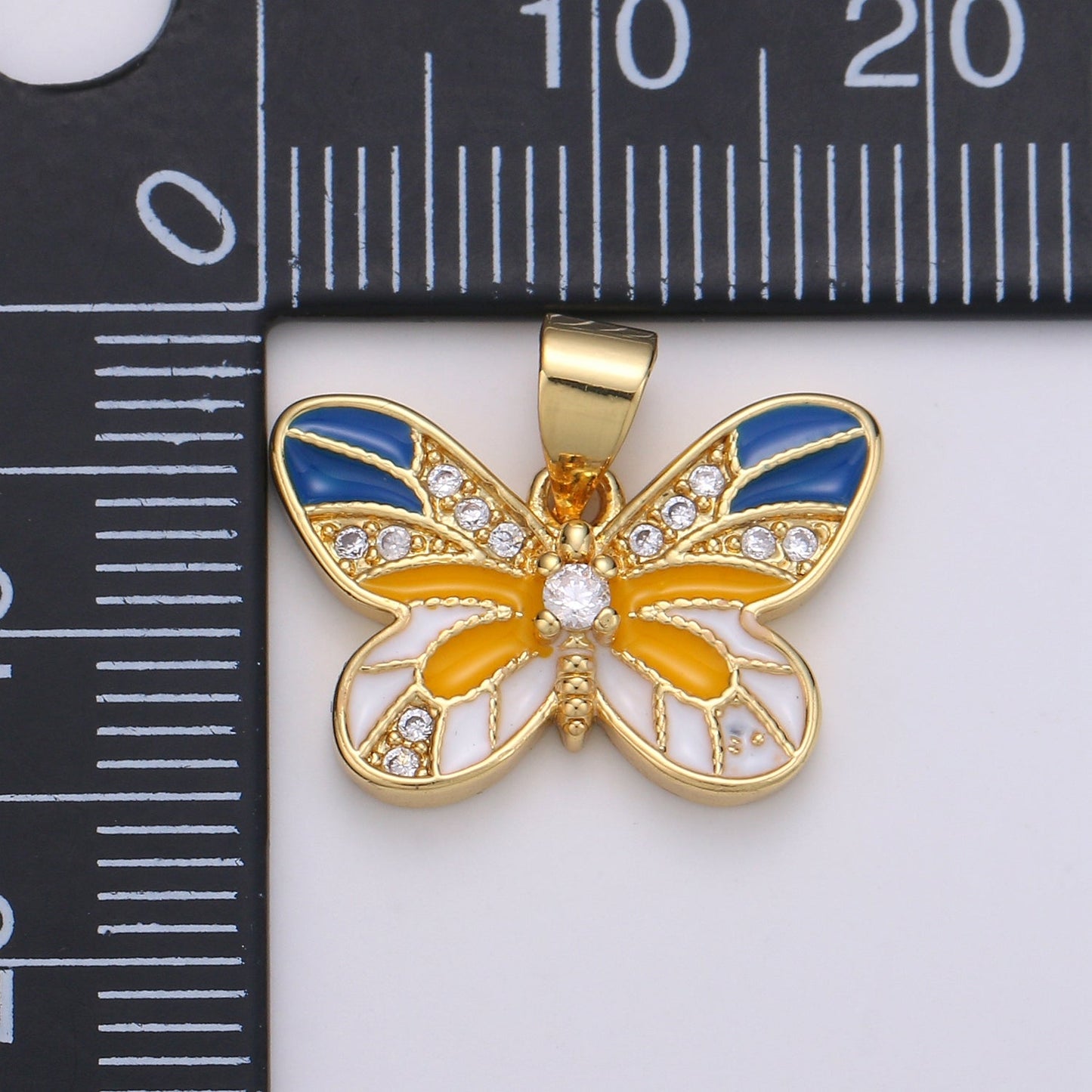 18x15mm Wholesale Gold Plated Blue and Orange Butterfly Pendant with Rhinestones, Pendant for Necklace Bracelet Anklet Making J-208