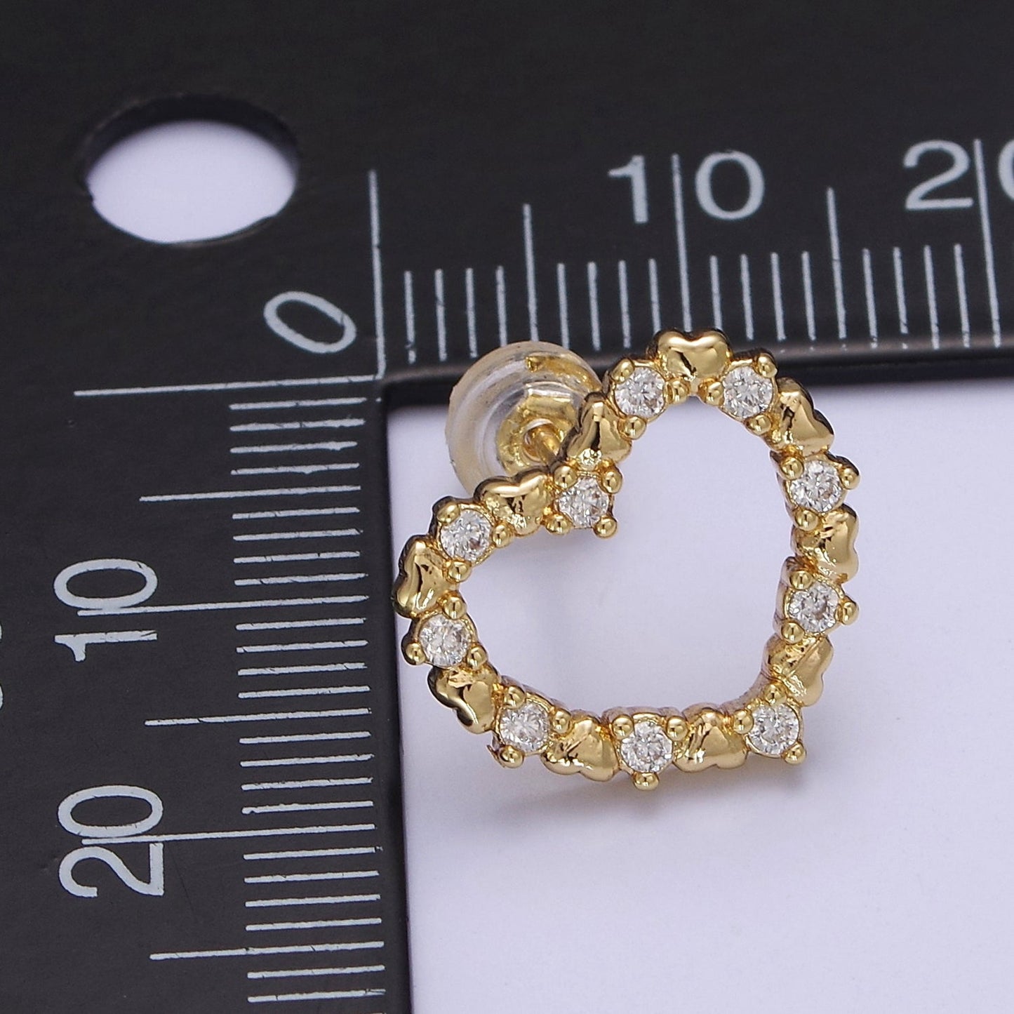 16K Gold Filled 15mm Clear CZ Lined Open Heart Stud Earrings | V121