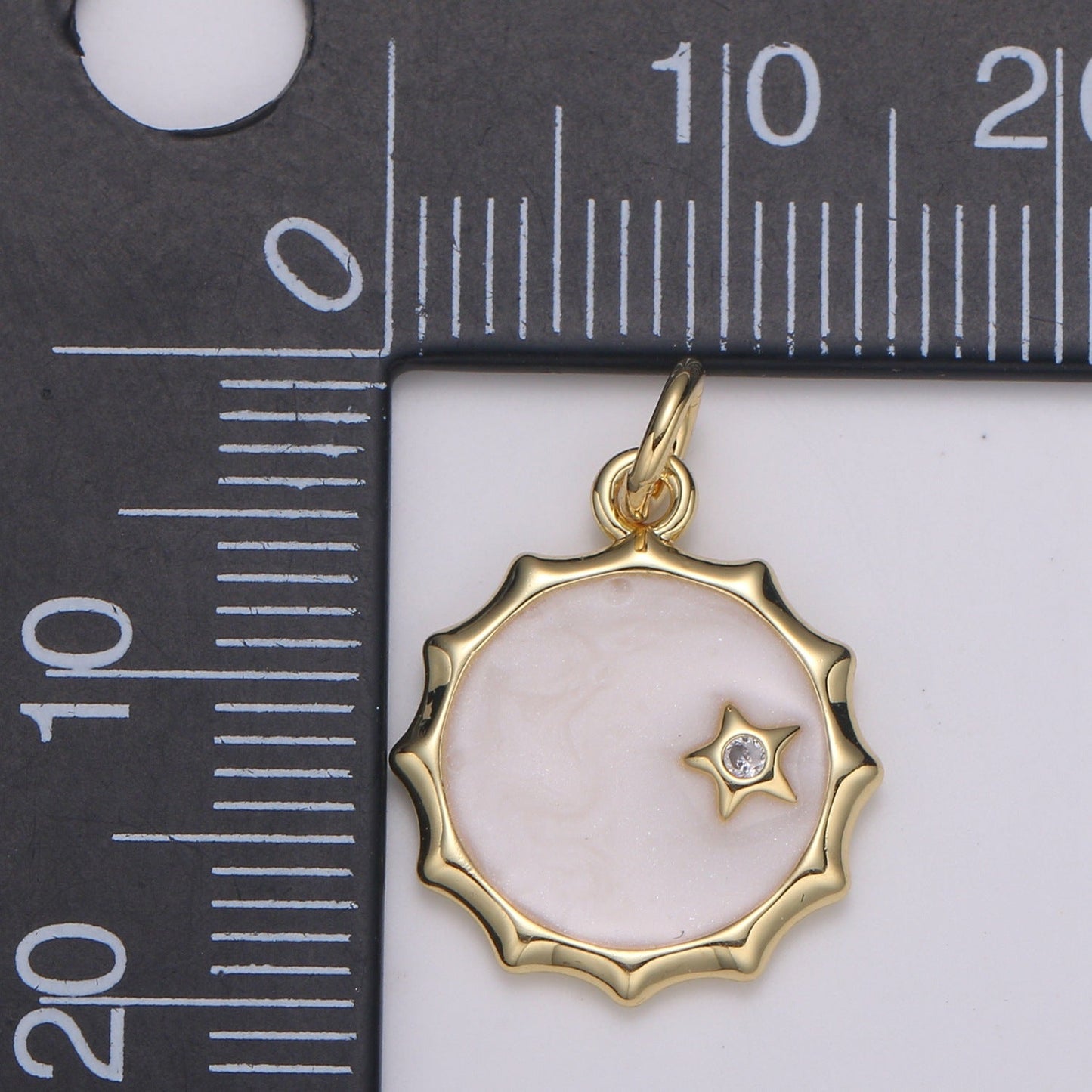 Gold White Enamel Moon and Solitaire Star CZ Charms, Cubic Arion charm in Round Disc Charm Medallion for Necklace E-188