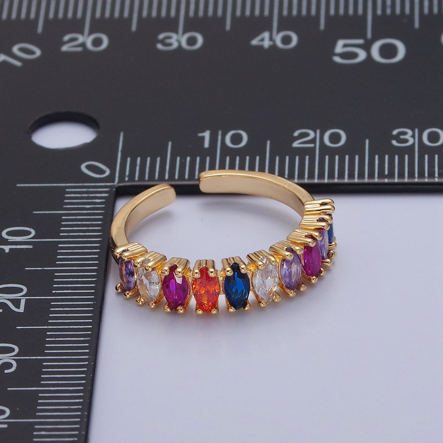 Multi Color Marquise Pave Ring Rainbow Statement Ring Open Adjustable O-2186