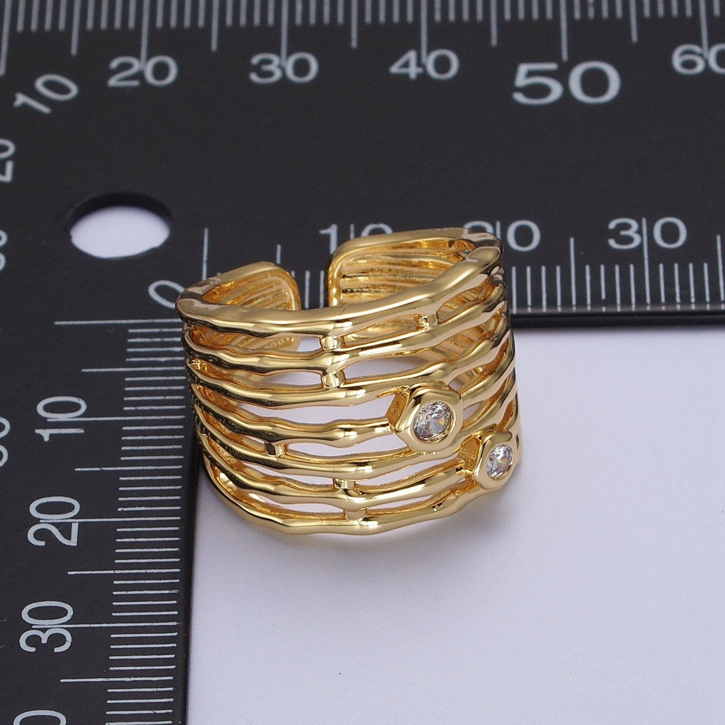 Gold Wide Multiple Bamboo Geometric CZ Band Statement Ring | O-068