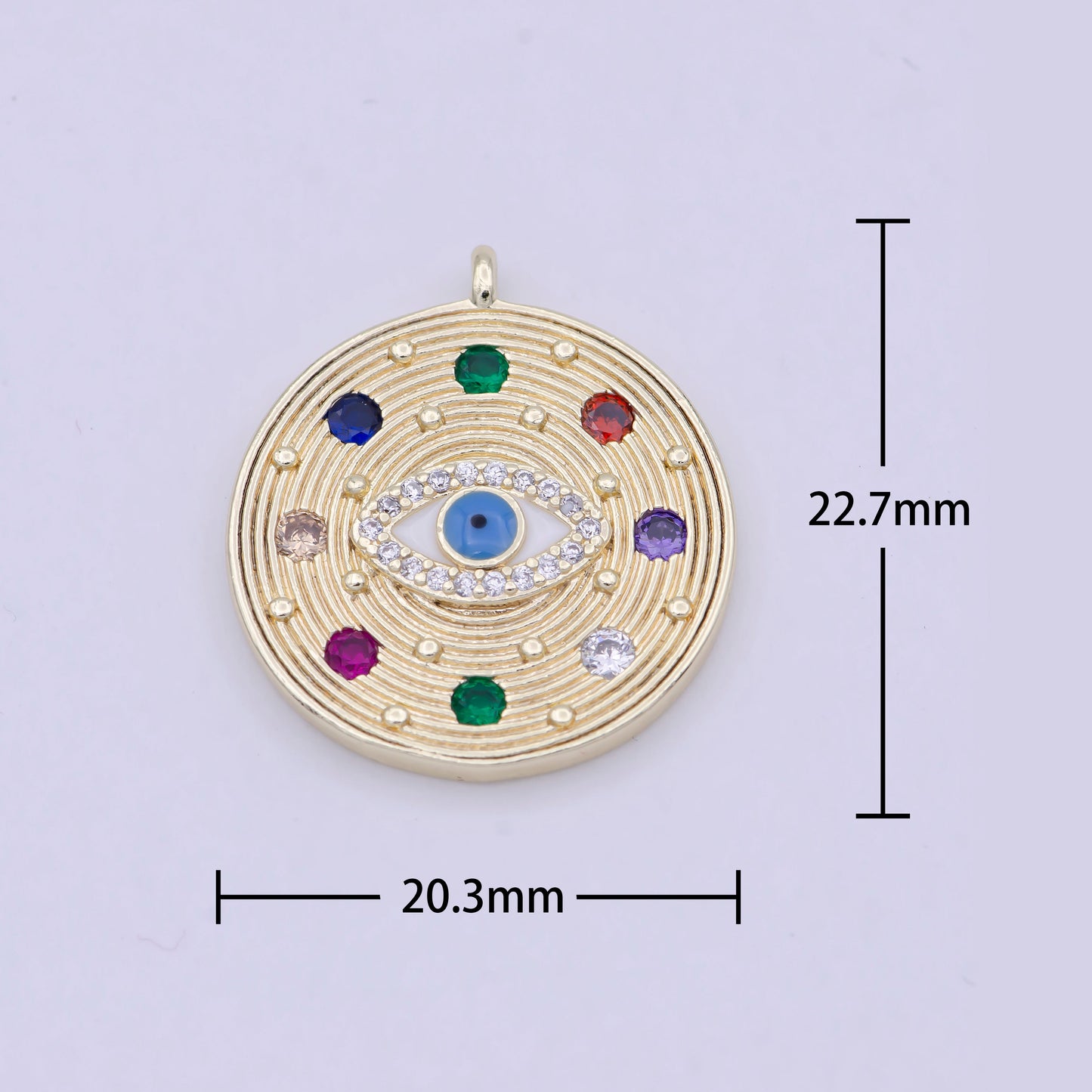 Dainty Multi Color Cz Stone Coin Charm Gold Evil Eye Pendant W-158