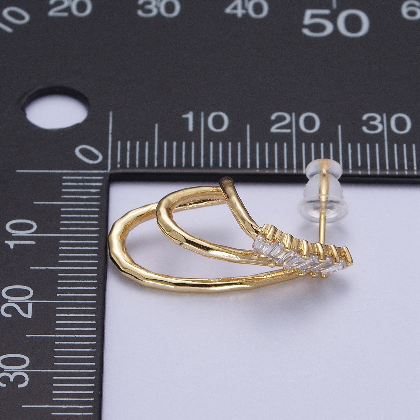 14K Gold Filled Baguette Lined Triple Band J-Shaped Stud Earrings Set | AE537