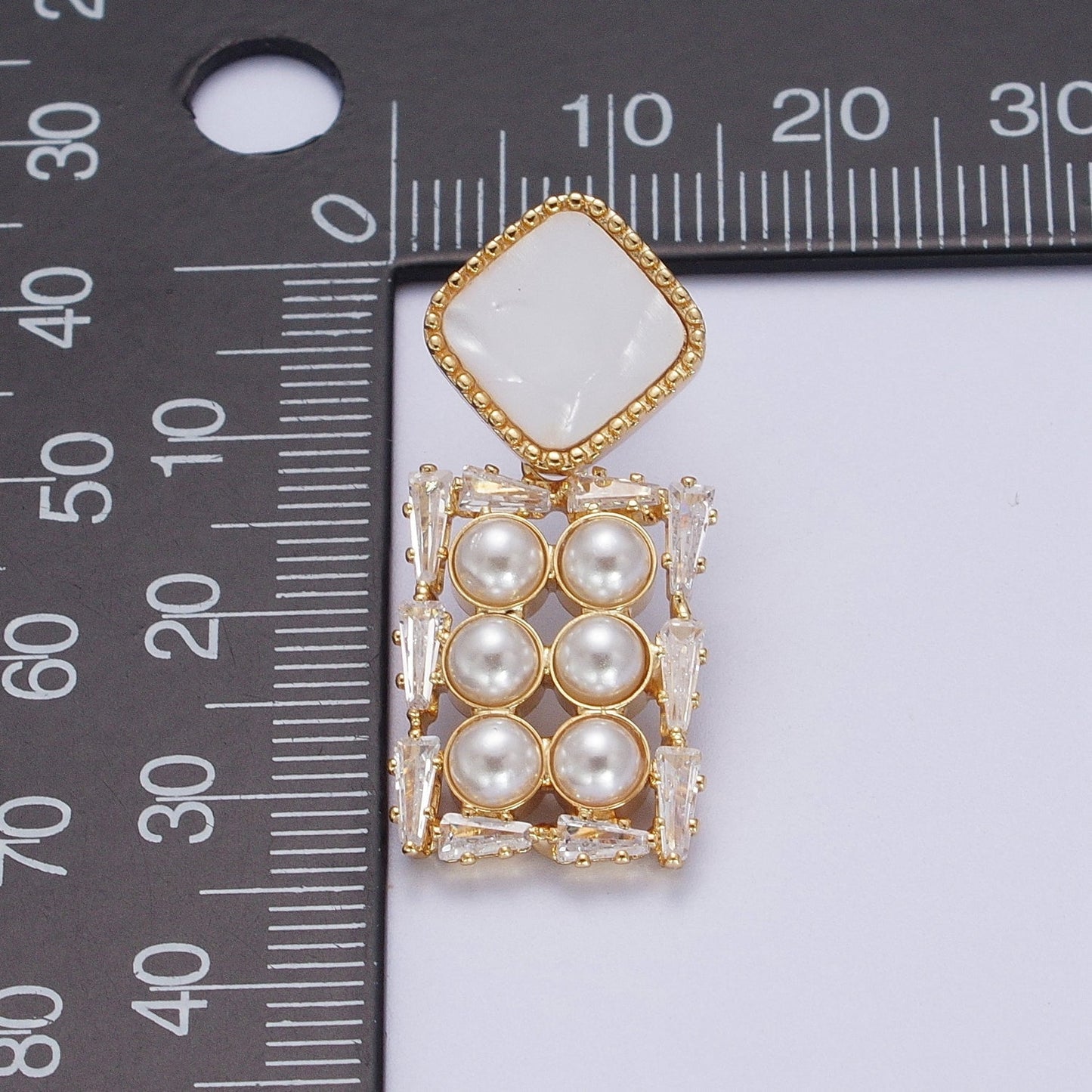 14K Gold Filled Multiple Pearl Baguette Rectangular Shell Pearl Rhombus Drop Stud Earrings | AE1032