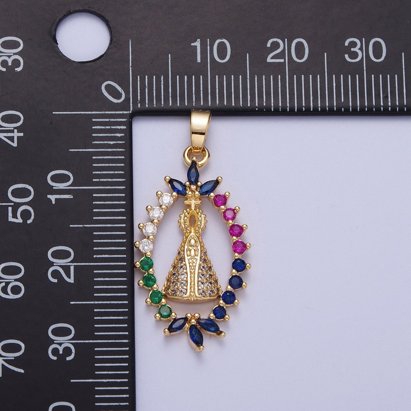 Gold CZ Religious Nossa Senhora Aparecida Pendant, 24K Gold Plated Micro Paved Marquise Cut Colorful CZ Religious Cross The Pope Pendant | X-699