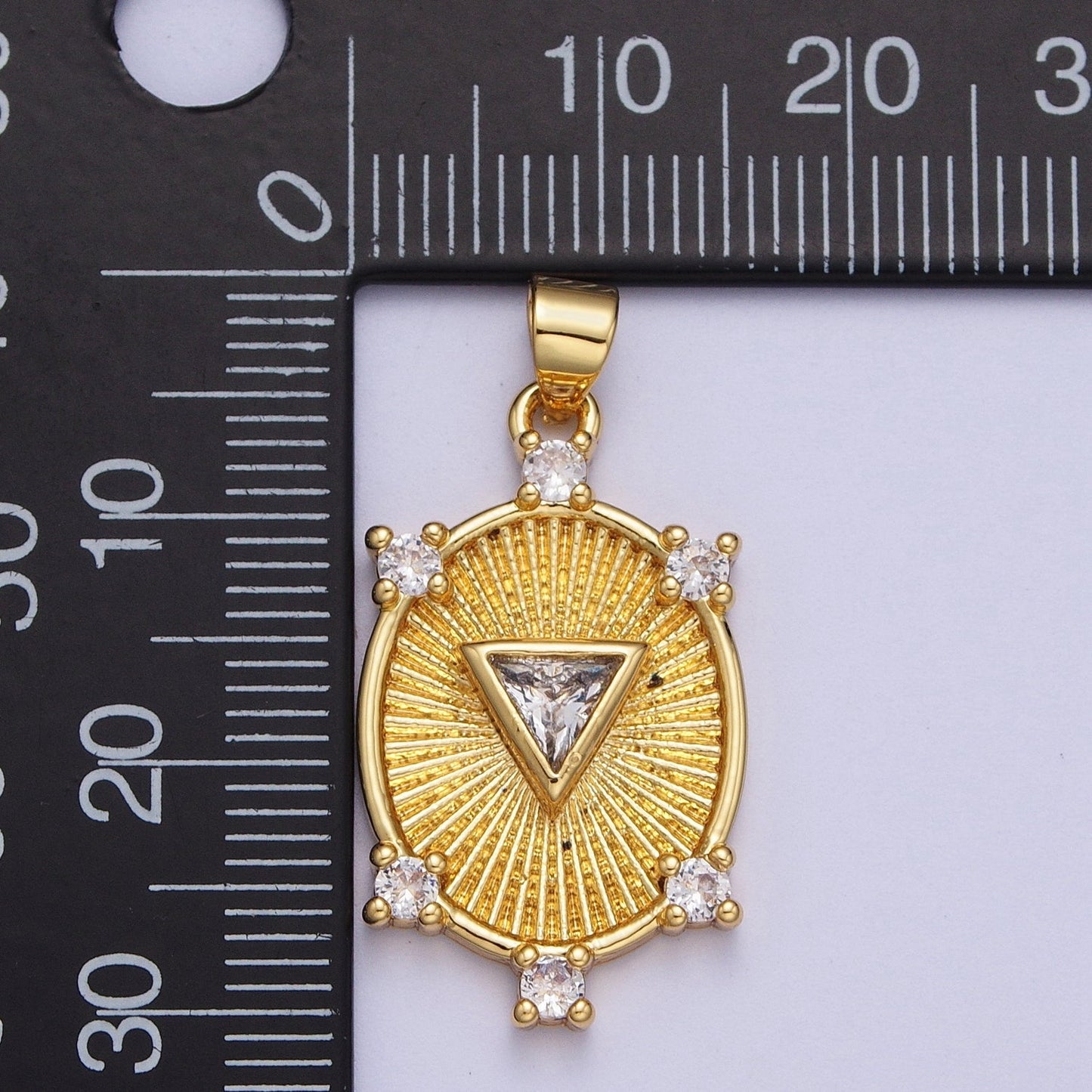 Gold CZ Sunburst Oval Pendant, Gold Clear Micro Paved Triangle Cut Center CZ Sunburst Shining Patterned Oval Medallion Charm | X-540
