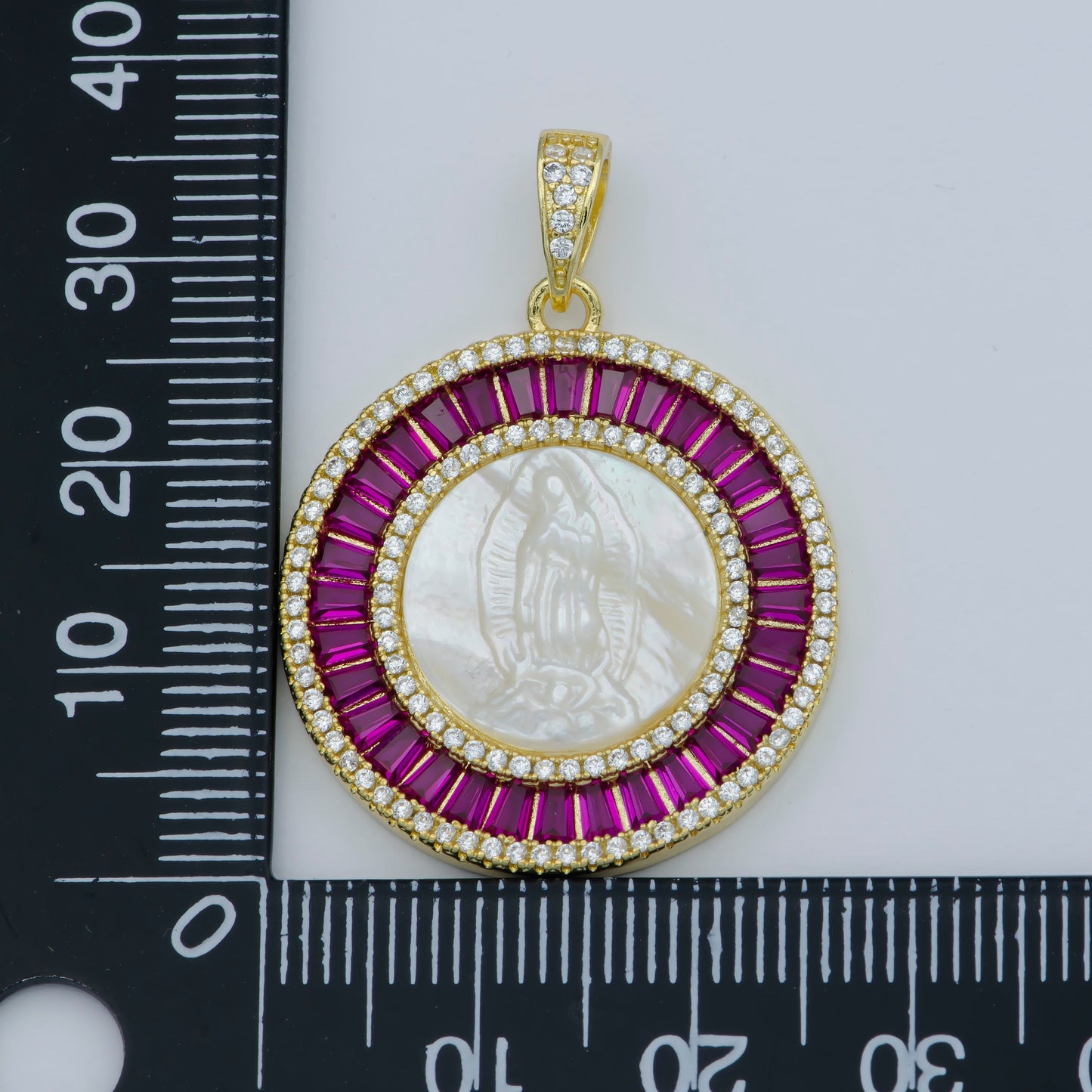 14K Gold Filled Mary Lady Guadalupe Fuchsia, Green, Multicolor Baguette Round Pendant | I105 - I108