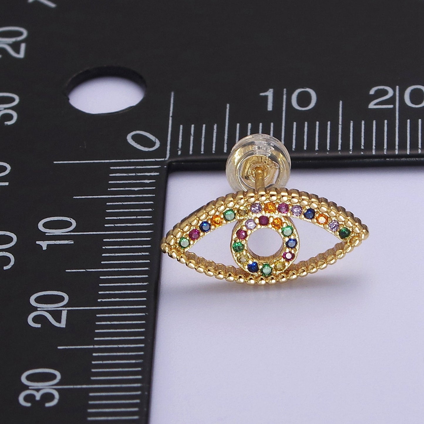 Dainty Gold Rainbow CZ Evil Eye Stud Earring V-099