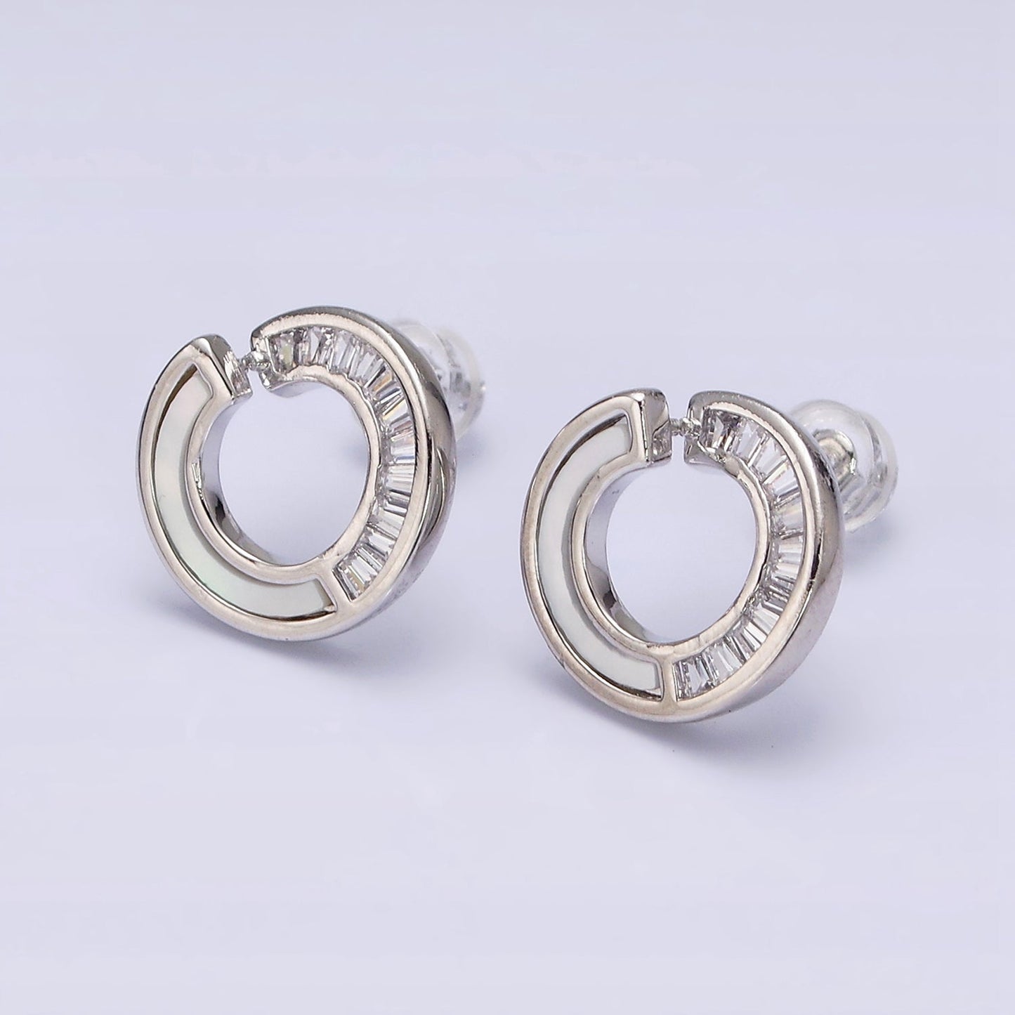 16K Gold Filled 14mm Open Round Circular Shell Pearl Baguette Lined Stud Earrings in Gold & Silver | AD-373 AD-374