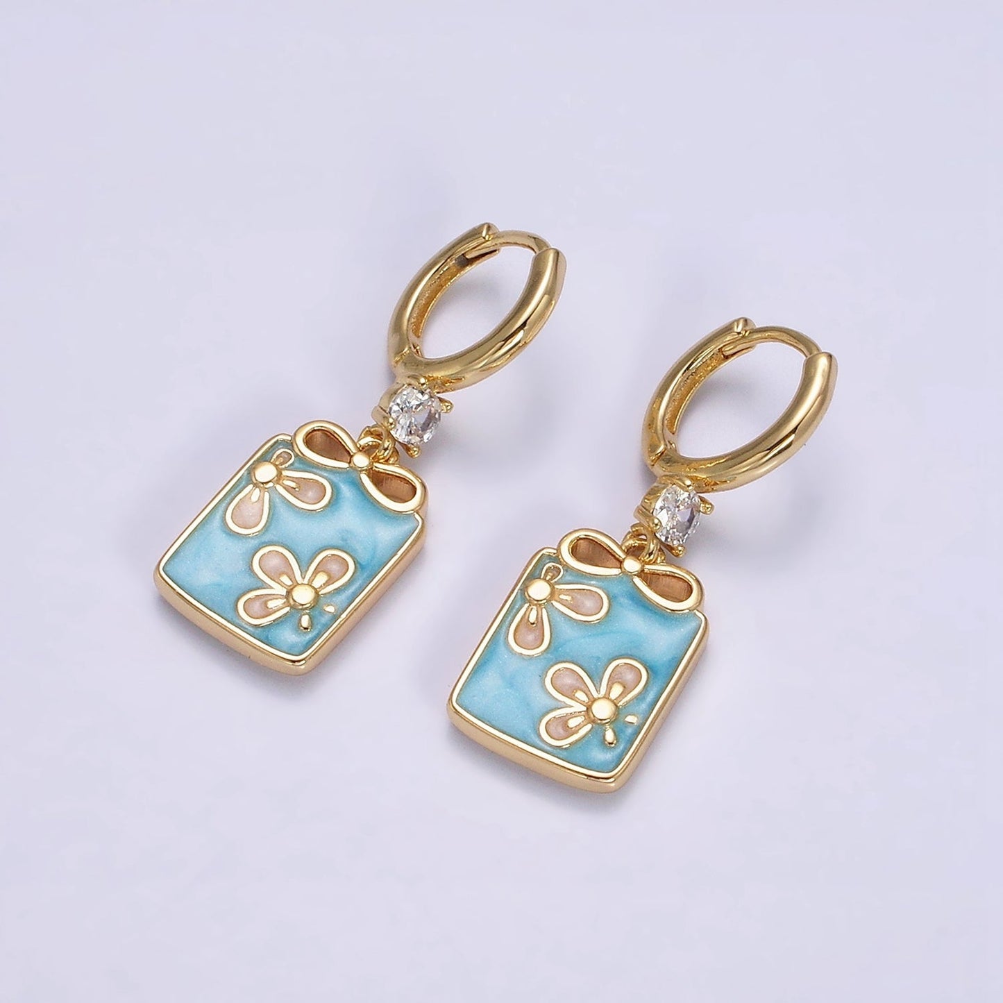 16K Gold Filled Pink, White, Blue Sparkly Enamel Ribbon Bow Rectangular CZ Drop Huggie Earrings | AD-387 AD-388 AD-389