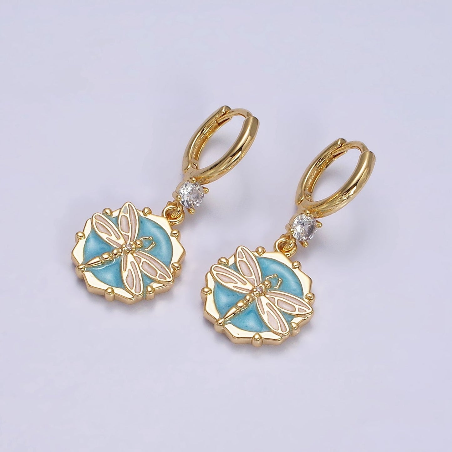 16K Gold Filled Pink, White, Blue Sparkly Enamel Dragonfly Hexagonal CZ Drop Huggie Earrings | AD-402 AD-403 AD-404
