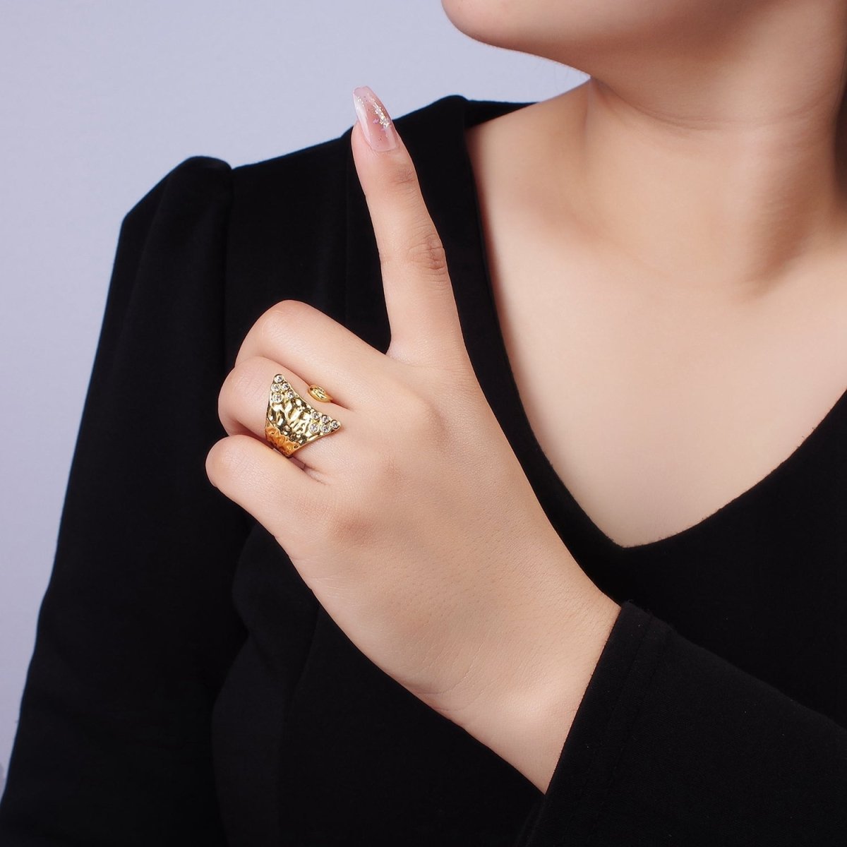 AimVogue 14K Gold Filled Round CZ Hammered Wrap Ring | O1320
