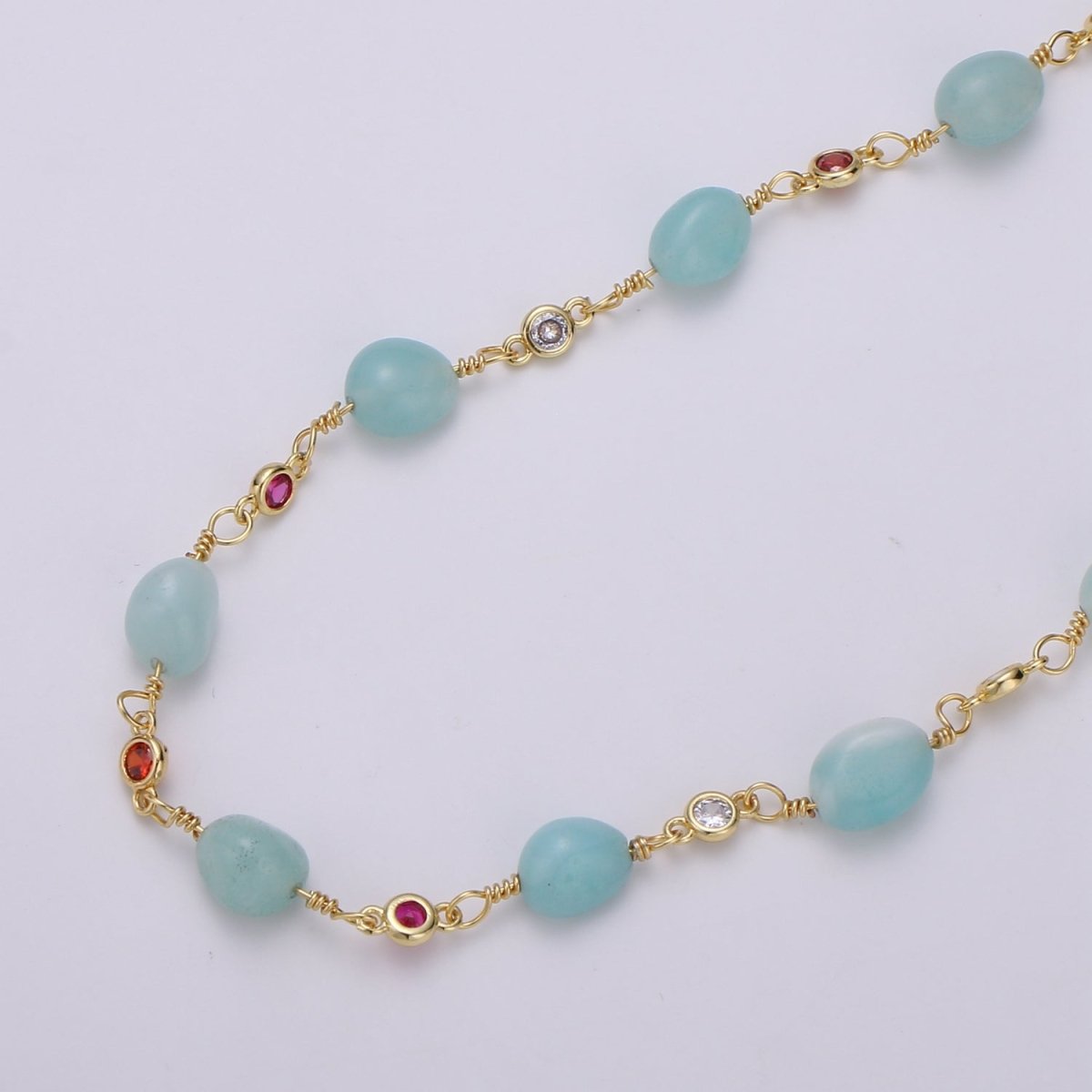 Amazonite Stone Micro Pave Charm 24K Gold Filled Chain by Yard, Cubic Round Charm Chain, Semiprecious Stone Heart Chakra Chain | ROLL-335 Clearance Pricing