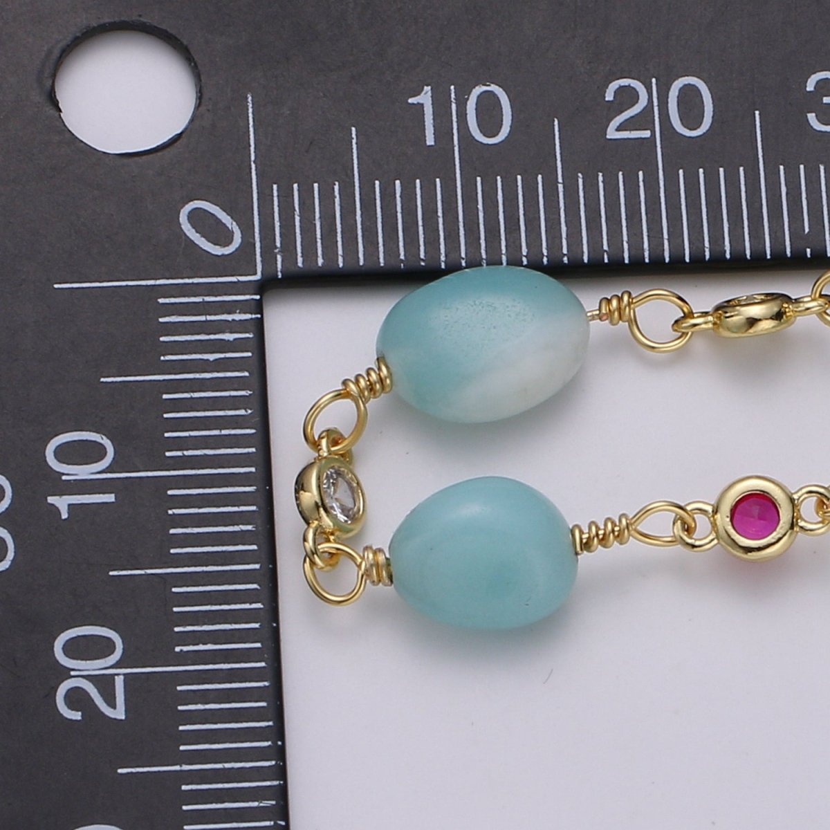 Amazonite Stone Micro Pave Charm 24K Gold Filled Chain by Yard, Cubic Round Charm Chain, Semiprecious Stone Heart Chakra Chain | ROLL-335 Clearance Pricing