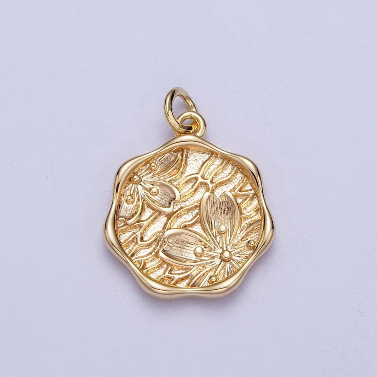 Antique round flower pendant 16K Gold Filled, Simple charm, Earring Bracelet Necklace makings, Jewelry making supplies | X-780
