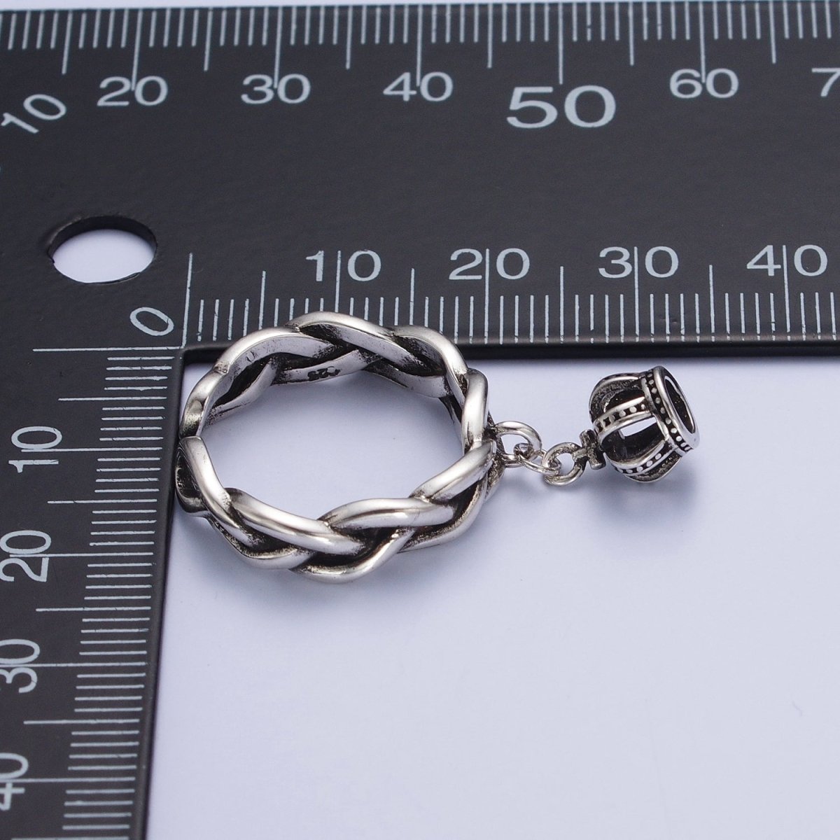 Antique Silver Braided Twist Rope Chain Link with Royal Crown Dangle Charm Adjustable Silver Ring | S-179