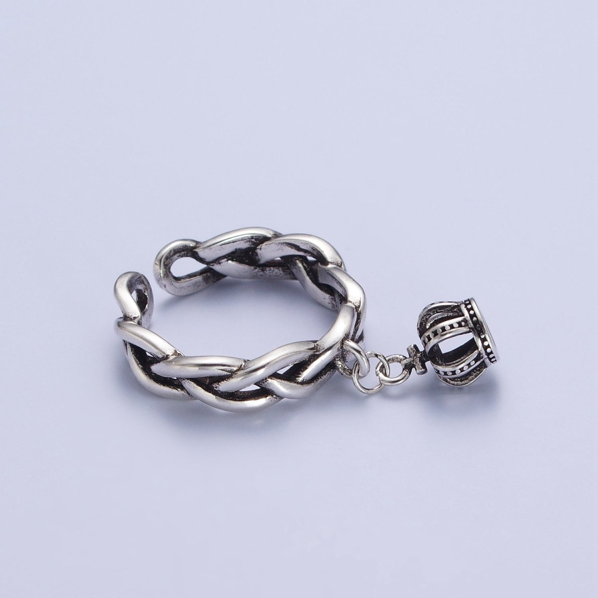 Antique Silver Braided Twist Rope Chain Link with Royal Crown Dangle Charm Adjustable Silver Ring | S-179
