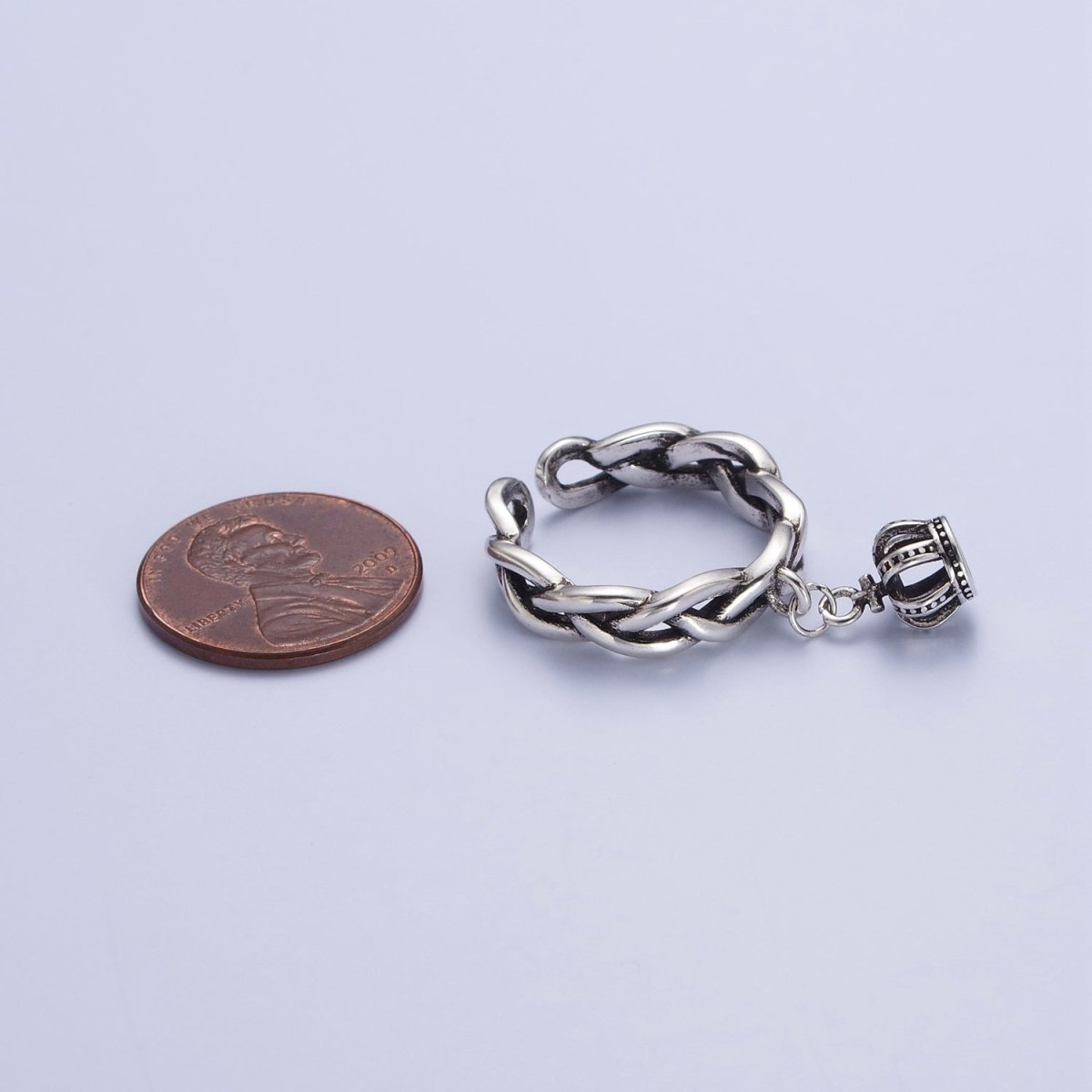 Antique Silver Braided Twist Rope Chain Link with Royal Crown Dangle Charm Adjustable Silver Ring | S-179