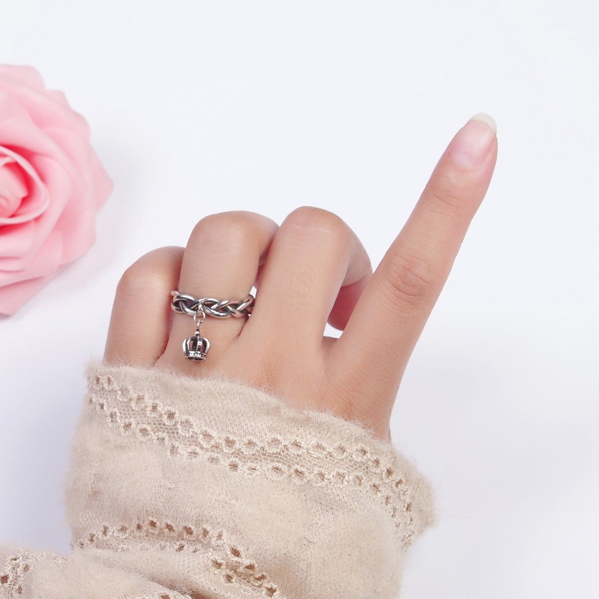 Antique Silver Braided Twist Rope Chain Link with Royal Crown Dangle Charm Adjustable Silver Ring | S-179