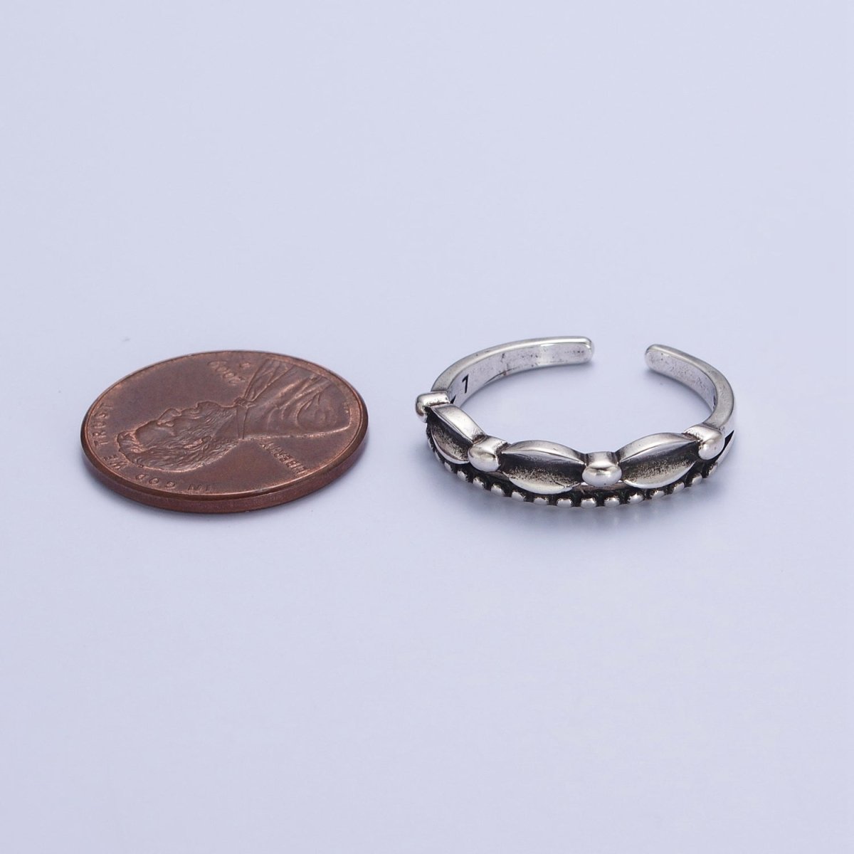 Antique Silver Bubble Beaded Chain Link Adjustable Silver Ring | U-067