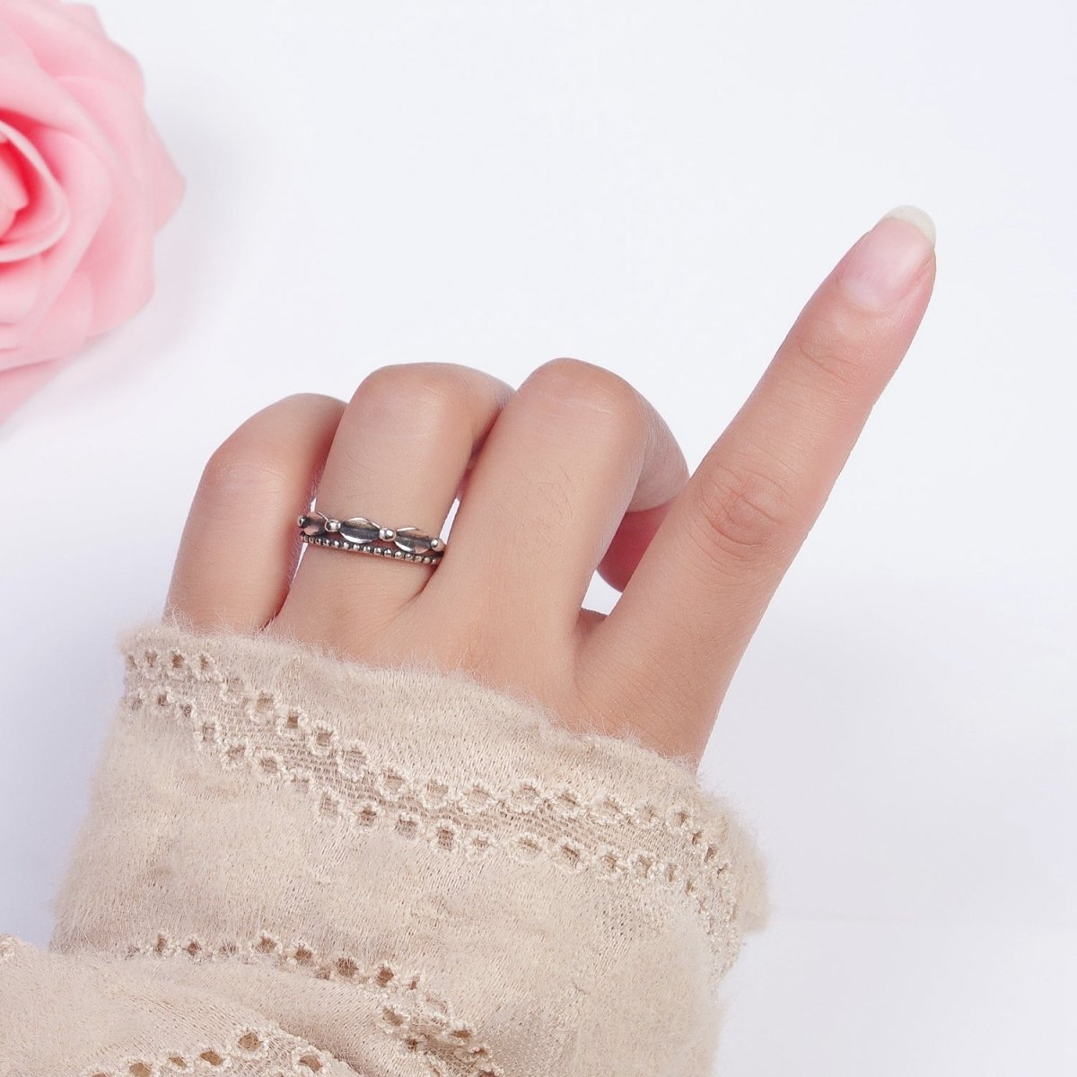 Antique Silver Bubble Beaded Chain Link Adjustable Silver Ring | U-067