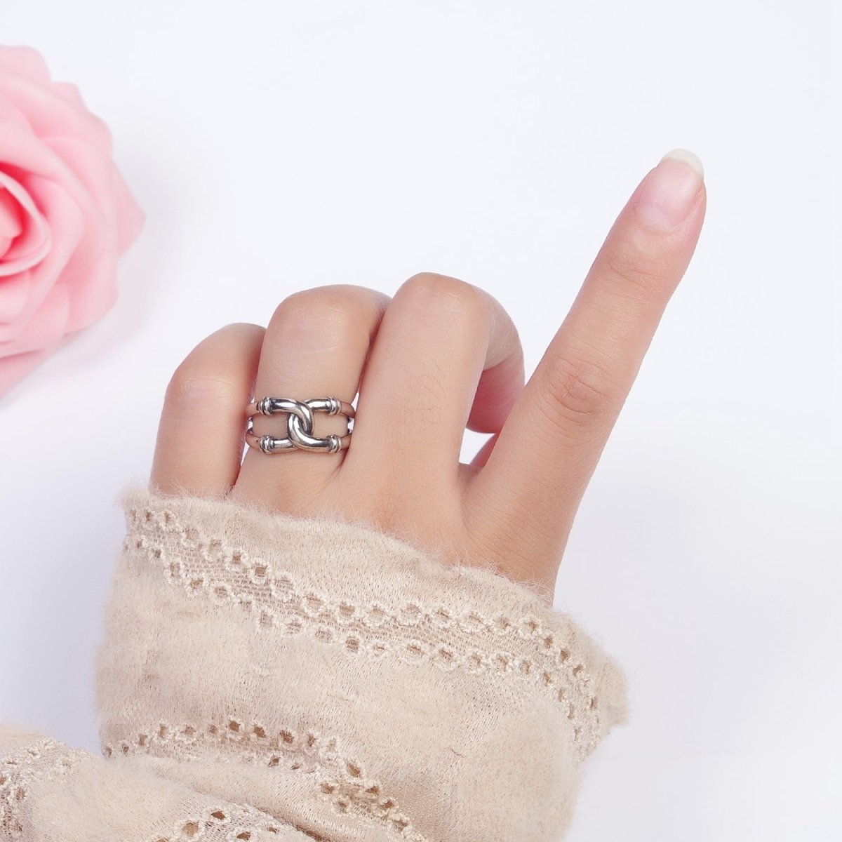 Antique Silver Connecting Tube Adjustable Silver Double Band Ring | S-227
