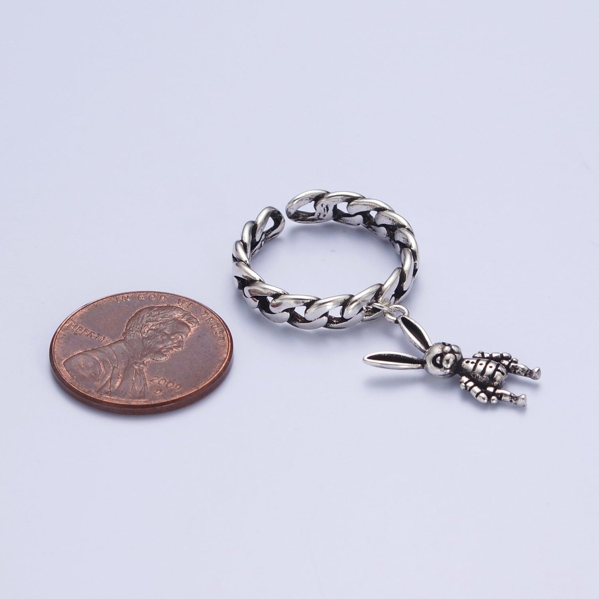 Antique Silver Curb Chain Link with Rabbit Bunny Charm Adjustable Silver Ring | S-394