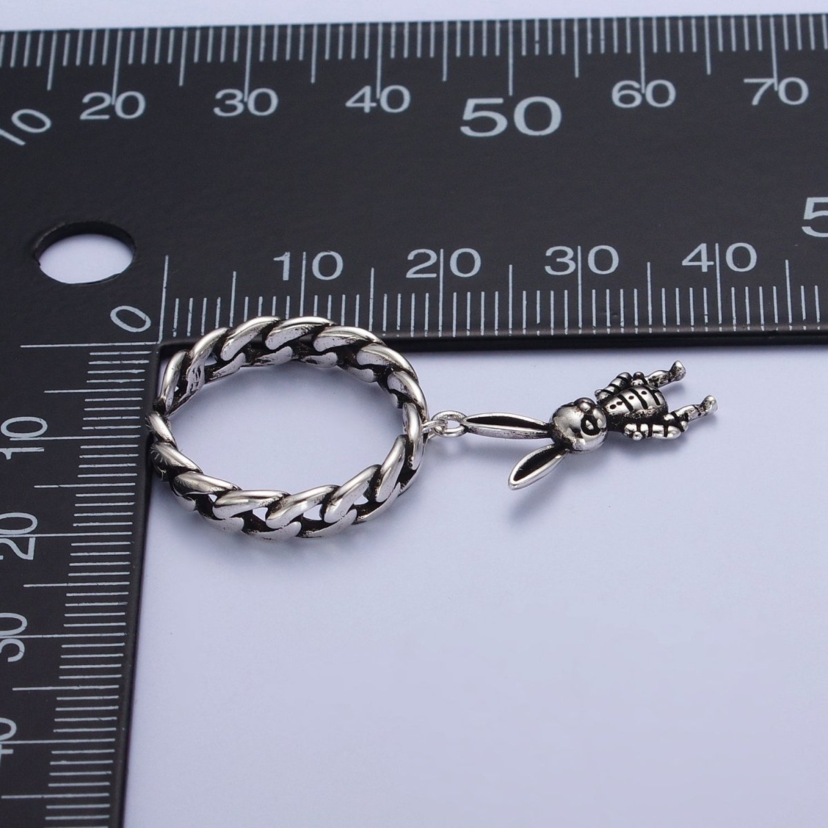 Antique Silver Curb Chain Link with Rabbit Bunny Charm Adjustable Silver Ring | S-394