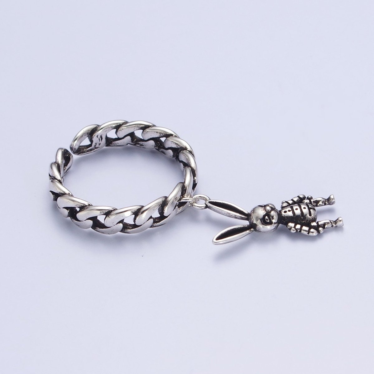 Antique Silver Curb Chain Link with Rabbit Bunny Charm Adjustable Silver Ring | S-394