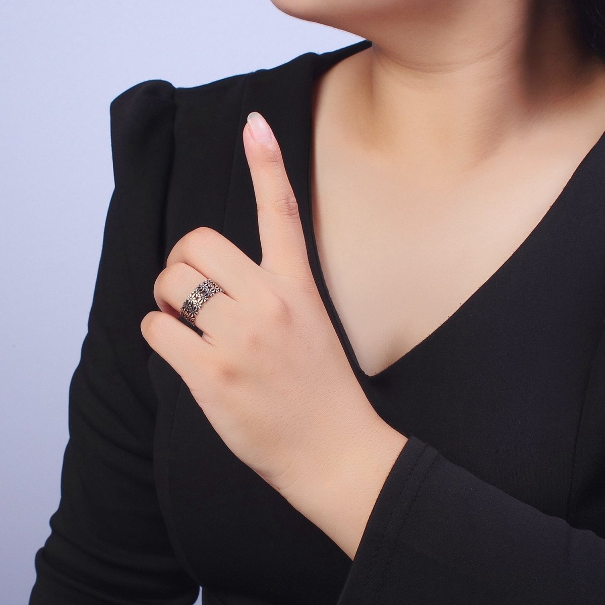 Antique Silver Double Nature Flower Adjustable Silver Ring | U-065