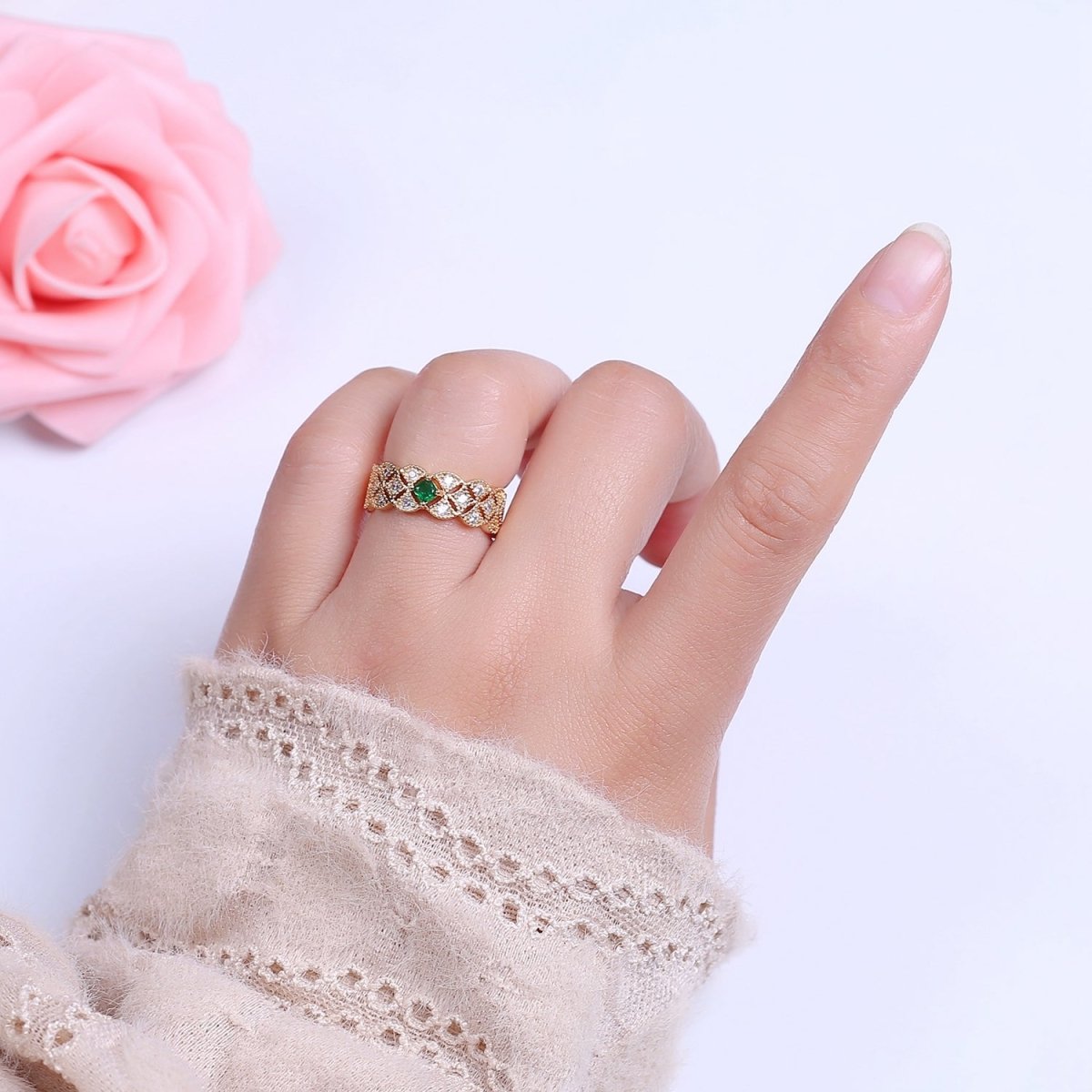Art Deco Green Emerald Cz Stone Midi Gold Ring Band Gold Filled Round Open Adjustable Ring S-516