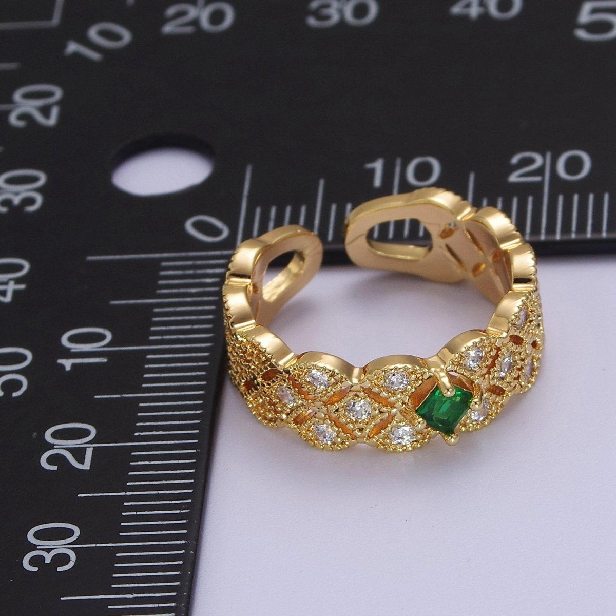 Art Deco Green Emerald Cz Stone Midi Gold Ring Band Gold Filled Round Open Adjustable Ring S-516