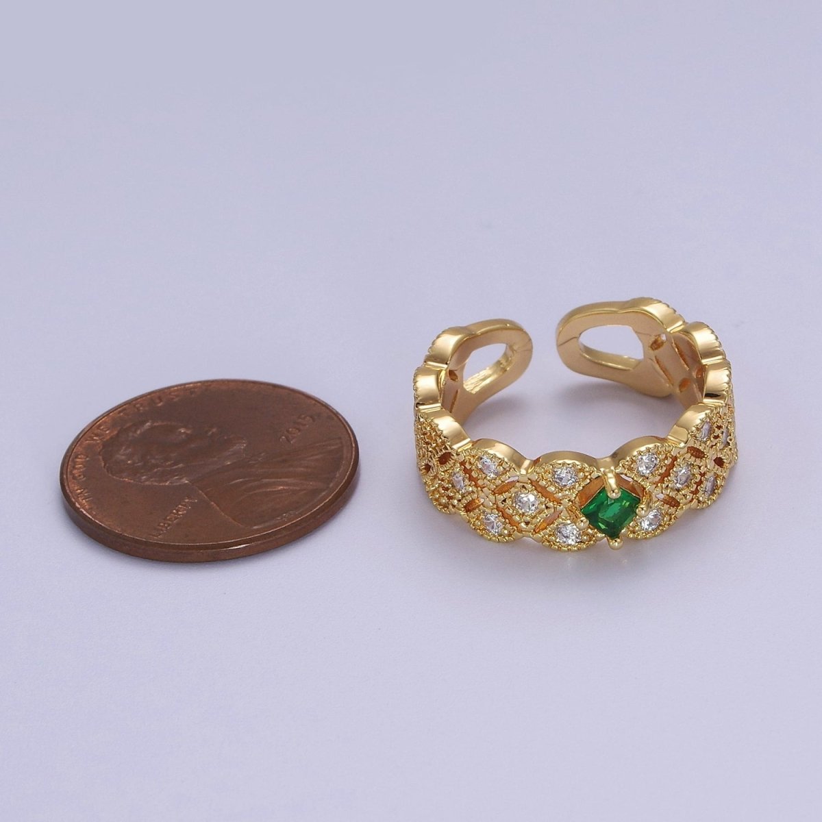 Art Deco Green Emerald Cz Stone Midi Gold Ring Band Gold Filled Round Open Adjustable Ring S-516
