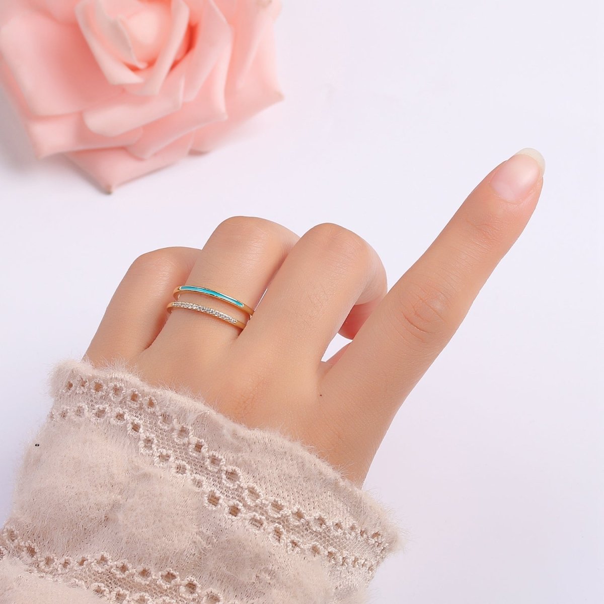 Assorted Color Golden Ring CZ Crystal on Double Layers Plain Gold Filled Micro Pave Ring Jewelry O-962 to O-971