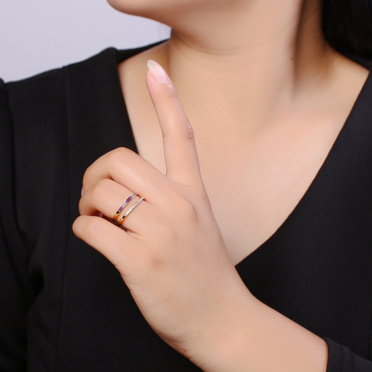 Assorted Color Golden Ring CZ Crystal on Double Layers Plain Gold Filled Micro Pave Ring Jewelry O-962 to O-971