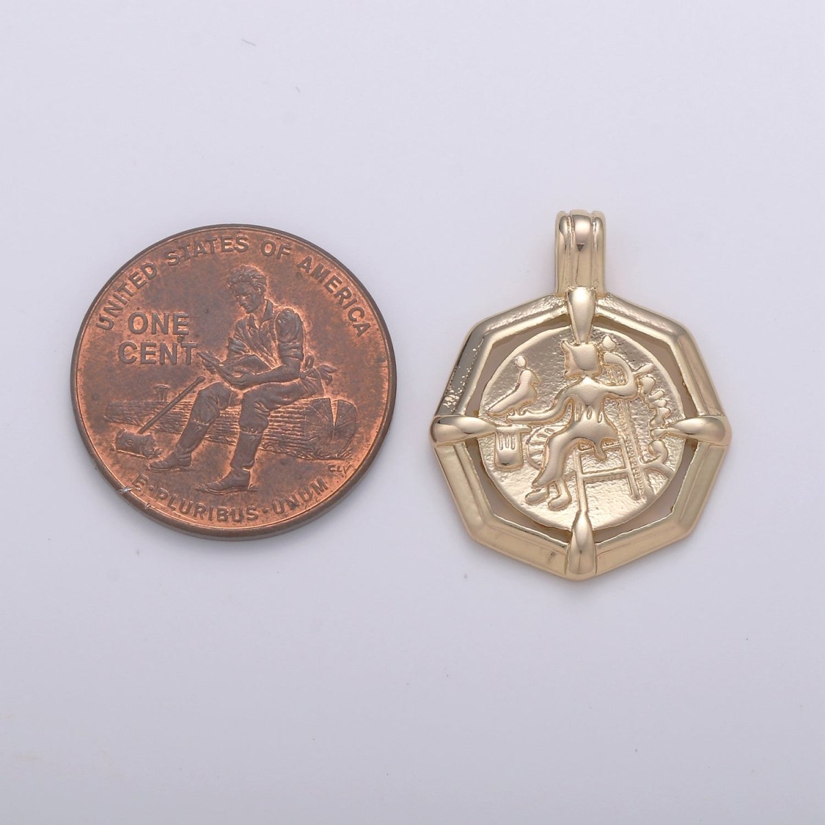 Athena Goddess Wisdom Rustic Coin Gold Filled Hexagon Pendants  I-865