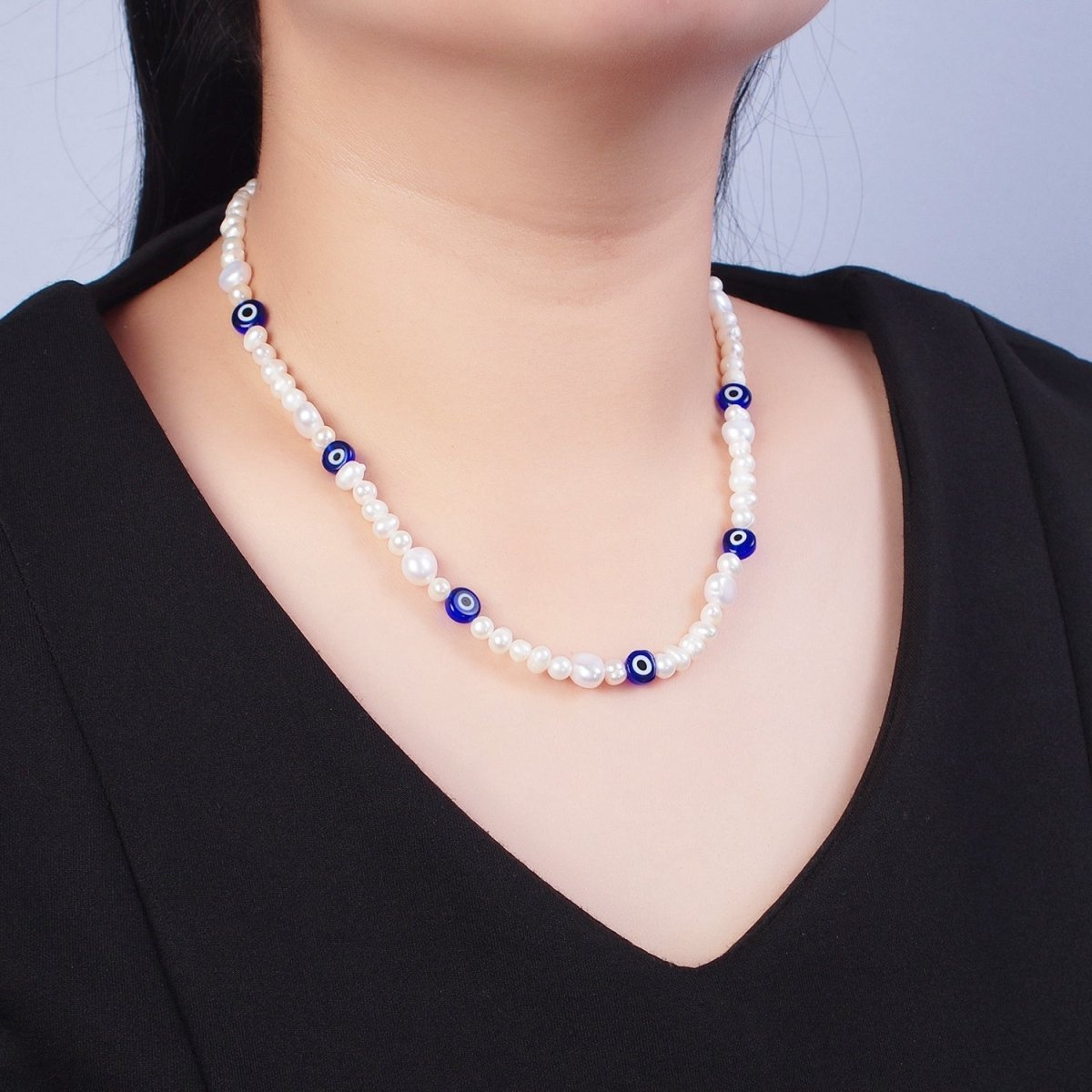 Baby Blue Evil Eye Beaded Choker Necklace for Women Freshwater Pearl Choker Necklace Boho Handmade 18K Gold Filled Y2K Jewelry | WA-1026 Clearance Pricing