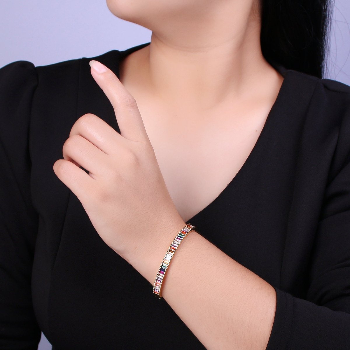 Baguette bracelet Rainbow CZ Gem Stackable Gold Bracelet | Chunky Gold Bracelet | Luxury Crystal Stacking Bangle Bracelet | WA-427 Clearance Pricing