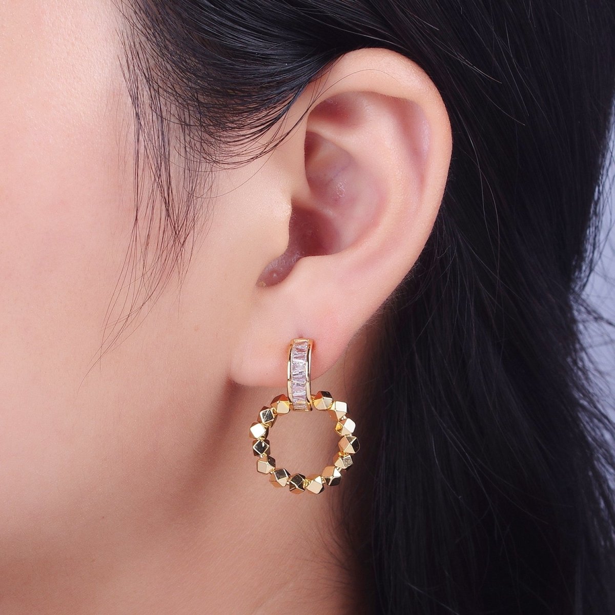 Baguette C Shaped Round Gold Cube Bead Dangle Drop Earrings | AD-176