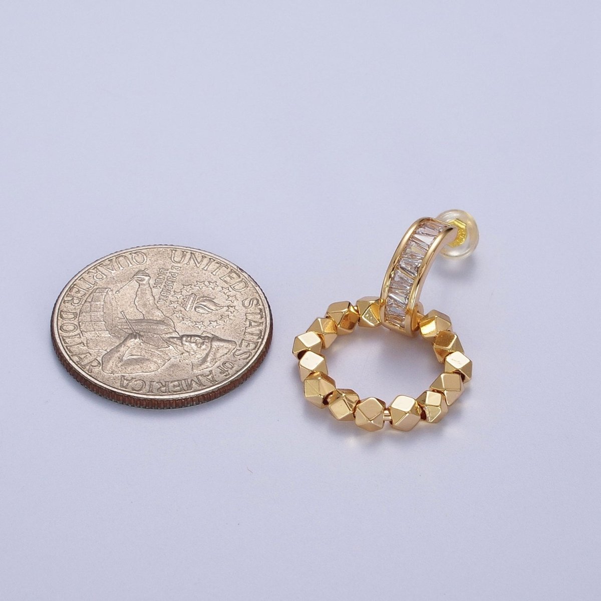 Baguette C Shaped Round Gold Cube Bead Dangle Drop Earrings | AD-176