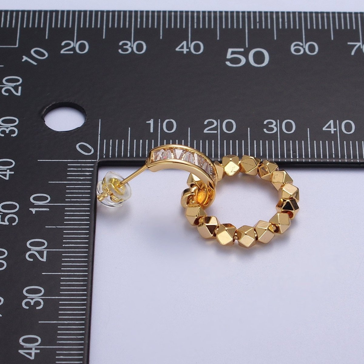 Baguette C Shaped Round Gold Cube Bead Dangle Drop Earrings | AD-176