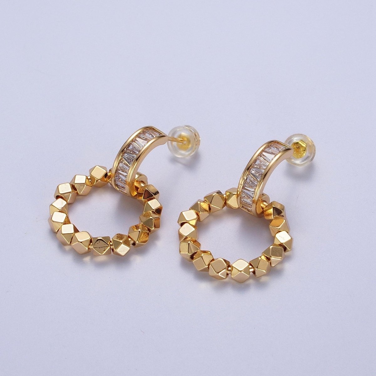 Baguette C Shaped Round Gold Cube Bead Dangle Drop Earrings | AD-176