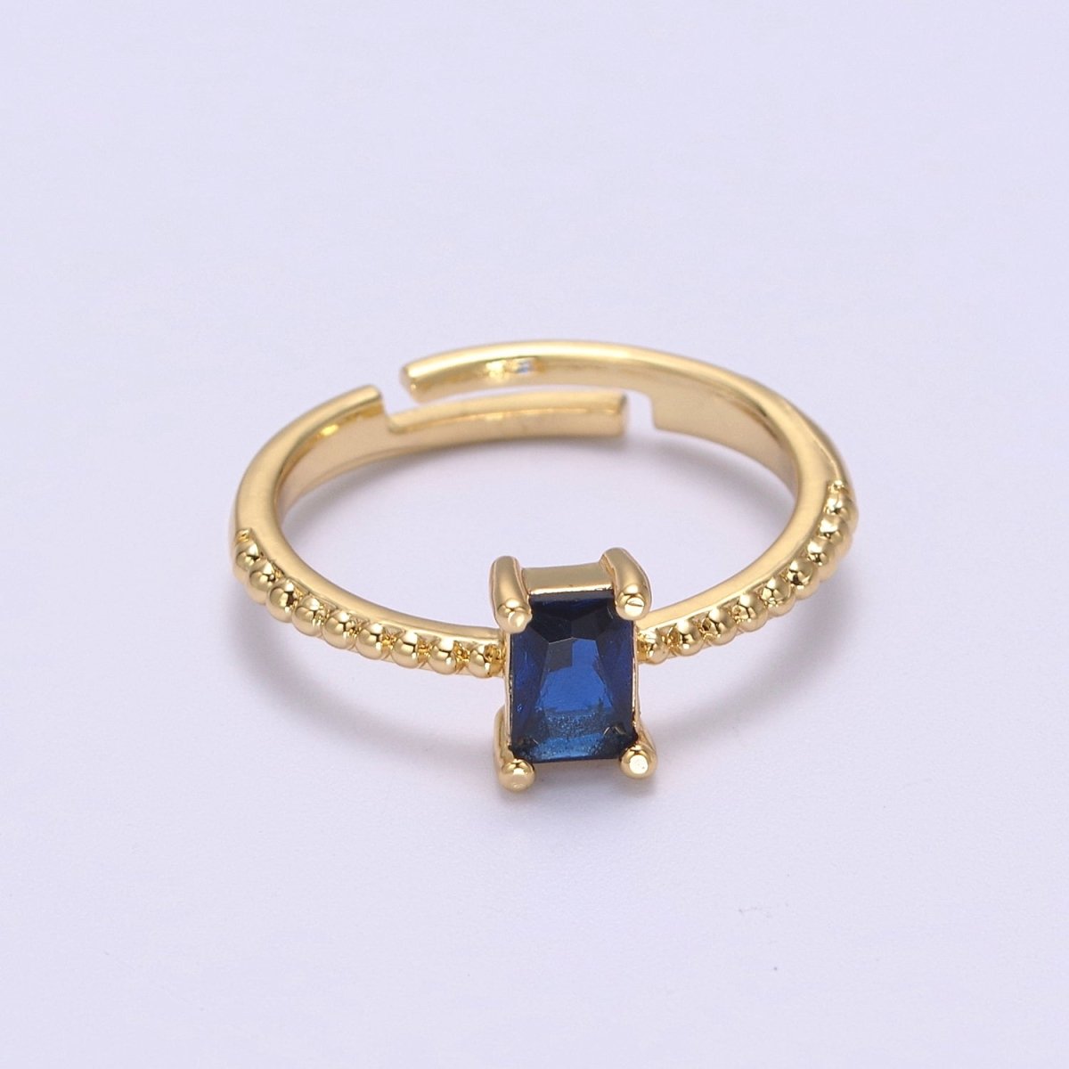 Baguette Crystal Zirconia Dainty 24K Gold Filled Adjustable Solitaire Ring with Beaded Band U-294, U296, U298, U-299