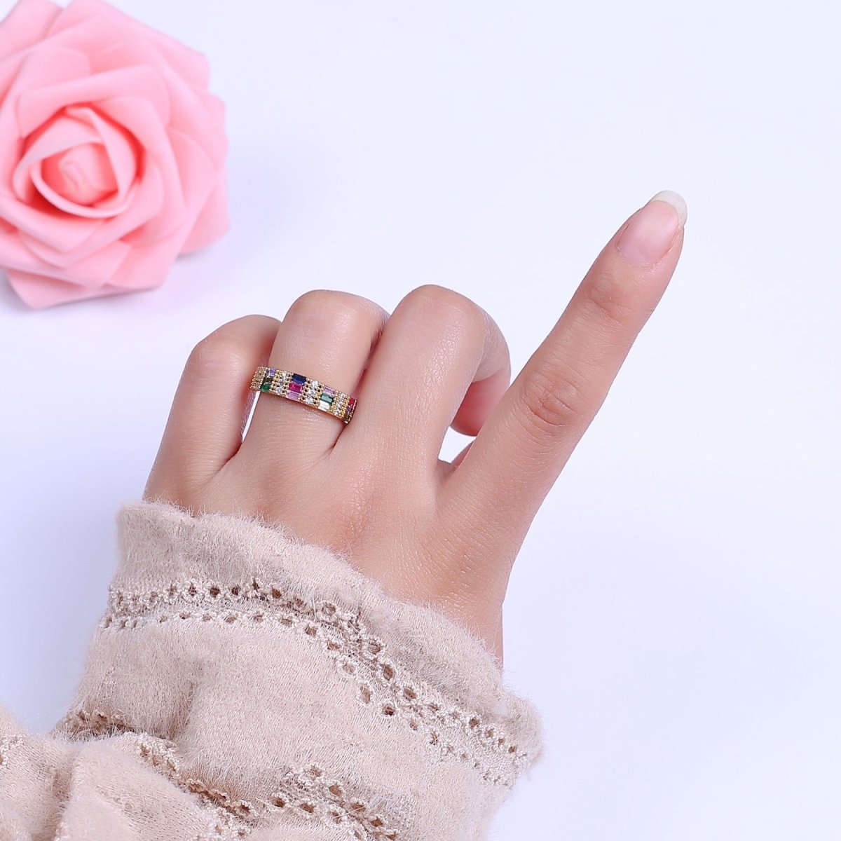 Baguette ring Gold Filled band Stacking ring Rainbow ring Gold Colorful ring Open Adjustable S-474