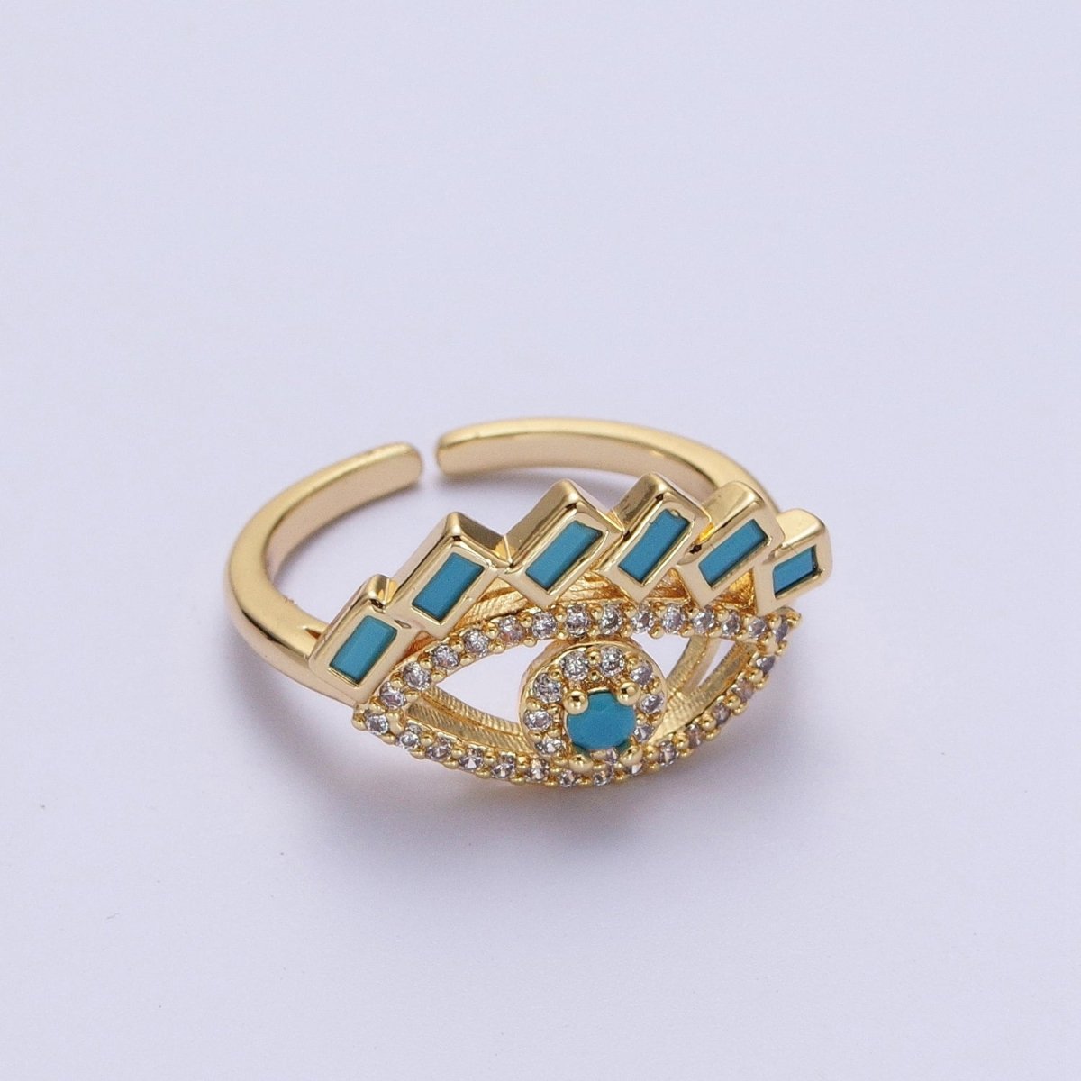 Baguette Ring Green Teal CZ Ring 16K Gold Filled Stackable Trendy Evil Eye Ring Jewelry Open Adjustable Ring R-325 R-499