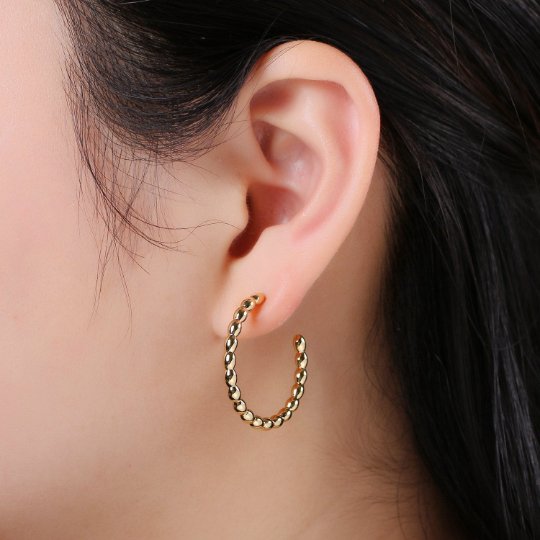 Ball Hoop Earrings, Beaded Hoop Earrings, Boho Hoop Earrings, Gold Ball Hoop Earrings 30mm Gold   Hoop Earring Q-428