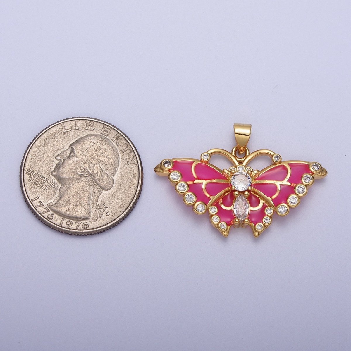 Barbiecore Hot Pink Mariposa Butterfly Enamel Gold Pendant H-266