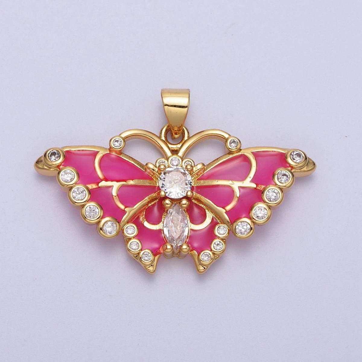 Barbiecore Hot Pink Mariposa Butterfly Enamel Gold Pendant H-266