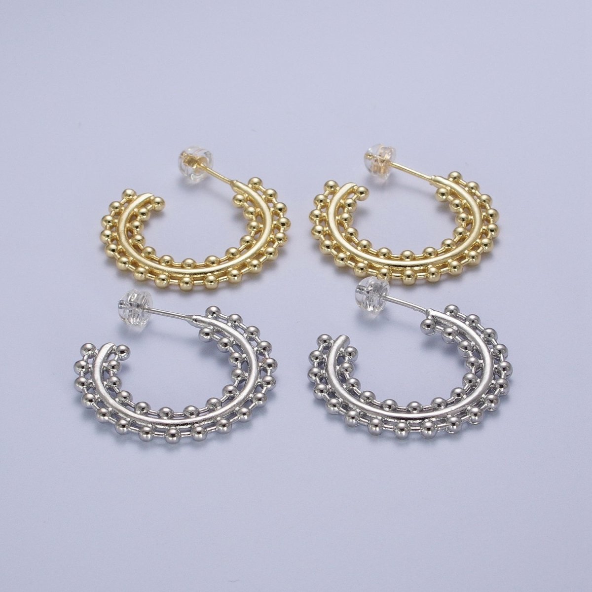 Beaded Bar C Shaped Hoop Stud Statement Earrings in Gold & Silver | AD-027 AD-028